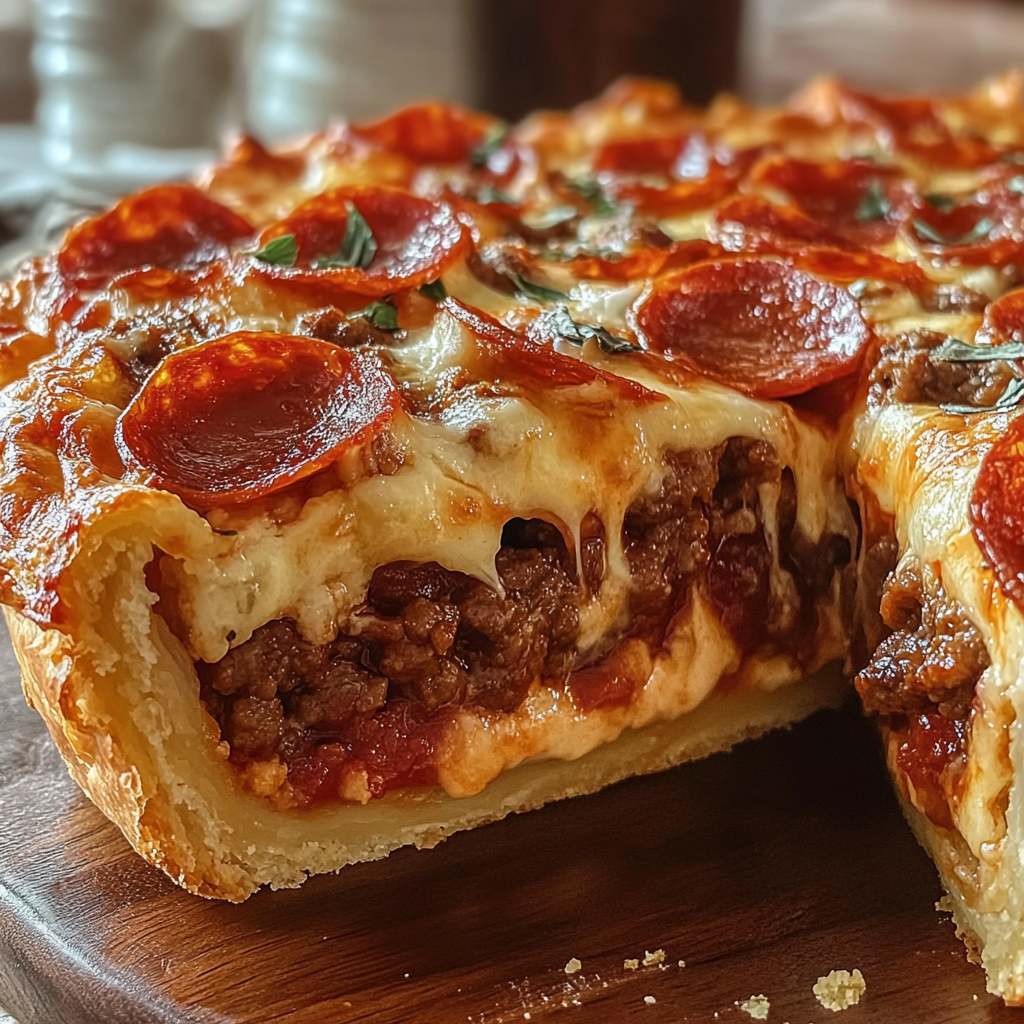 Recipe preparation for Deep Hamburger, Sausage & Pepperoni Pie
