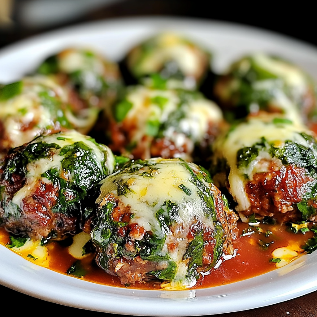 Recipe preparation for Spinach Garlic Meatballs Mozzarella