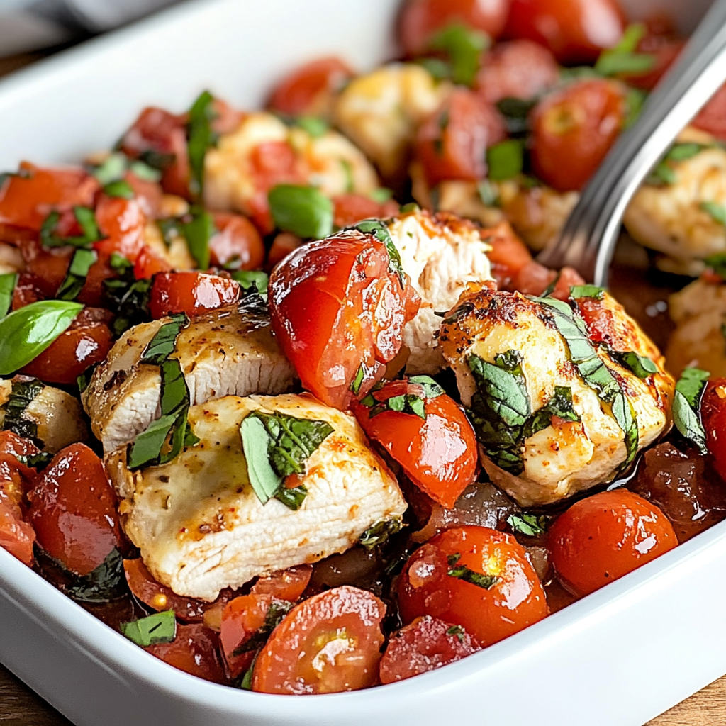 Recipe preparation for Bruschetta Chicken Bake Tomatoes