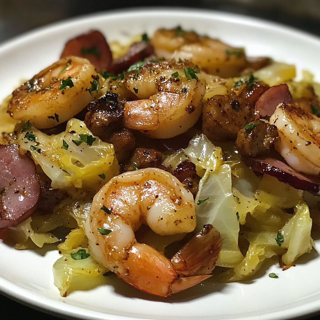 Recipe preparation for Fried Cabbage with Shrimp, Sausage & Bacon