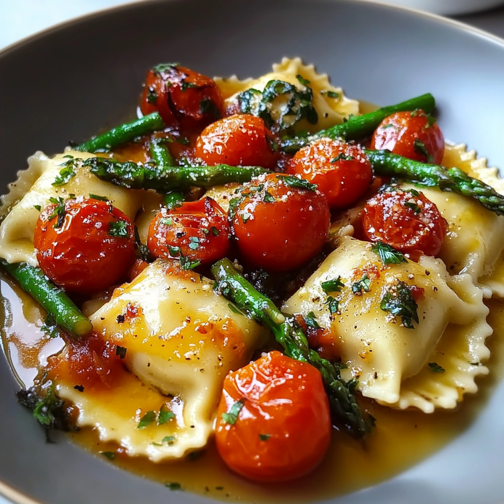 Recipe preparation for Ravioli with Tomatoes and Asparagus