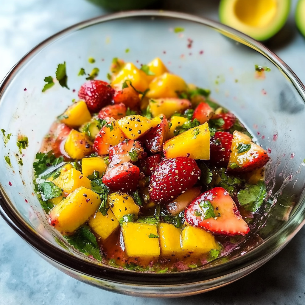 Recipe preparation for Avocado Strawberry Mango Salsa