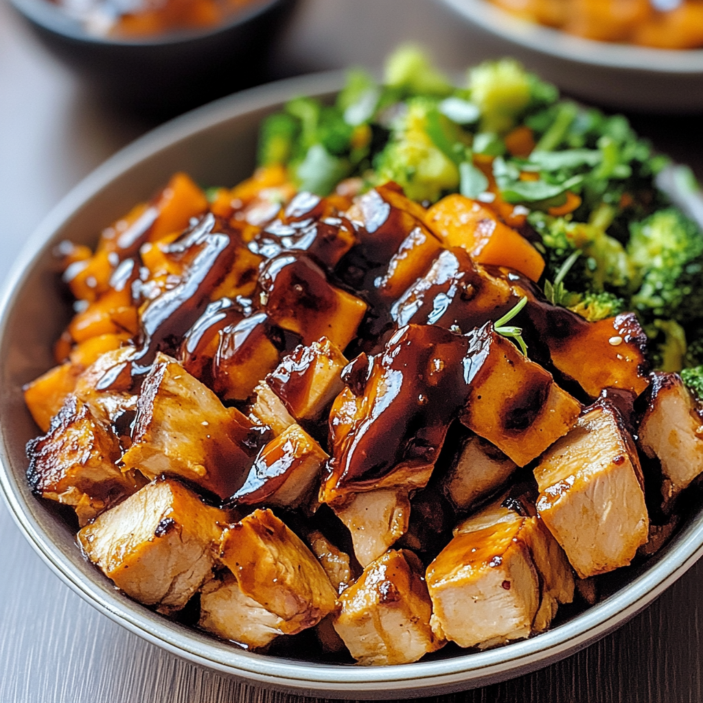 Recipe preparation for BBQ Chicken & Roasted Sweet Potato Bowls