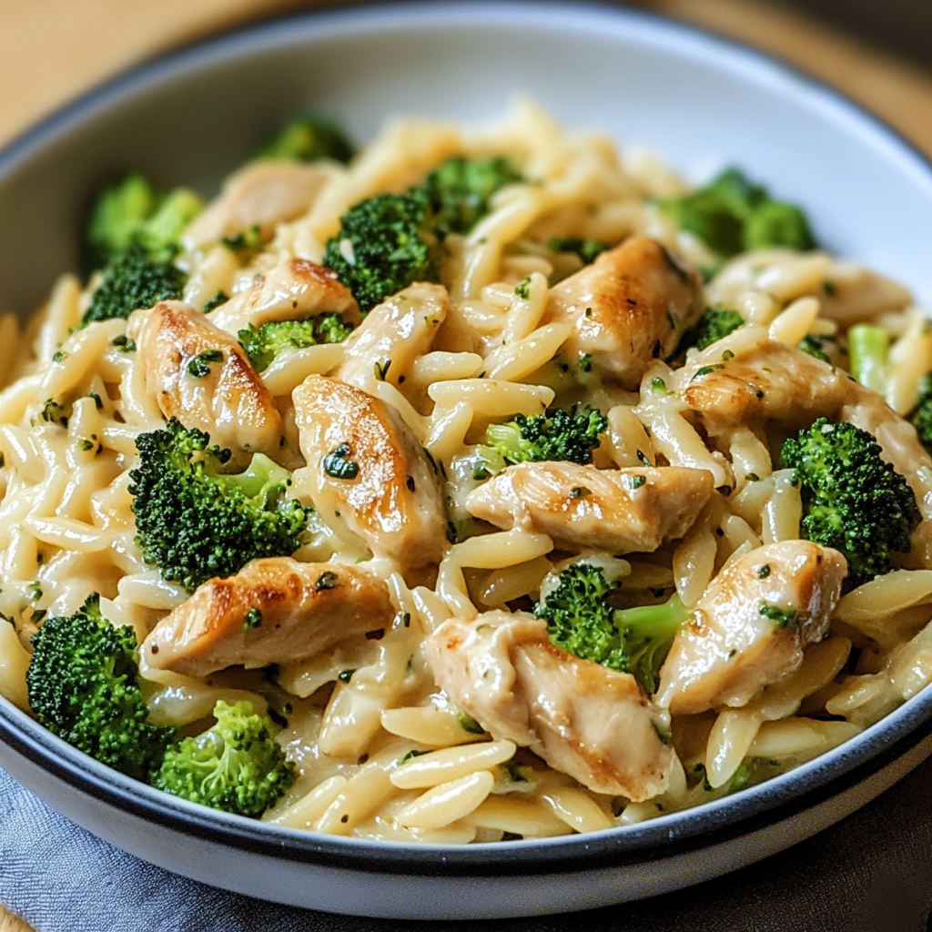 Recipe preparation for Cheesy Chicken Broccoli Orzo
