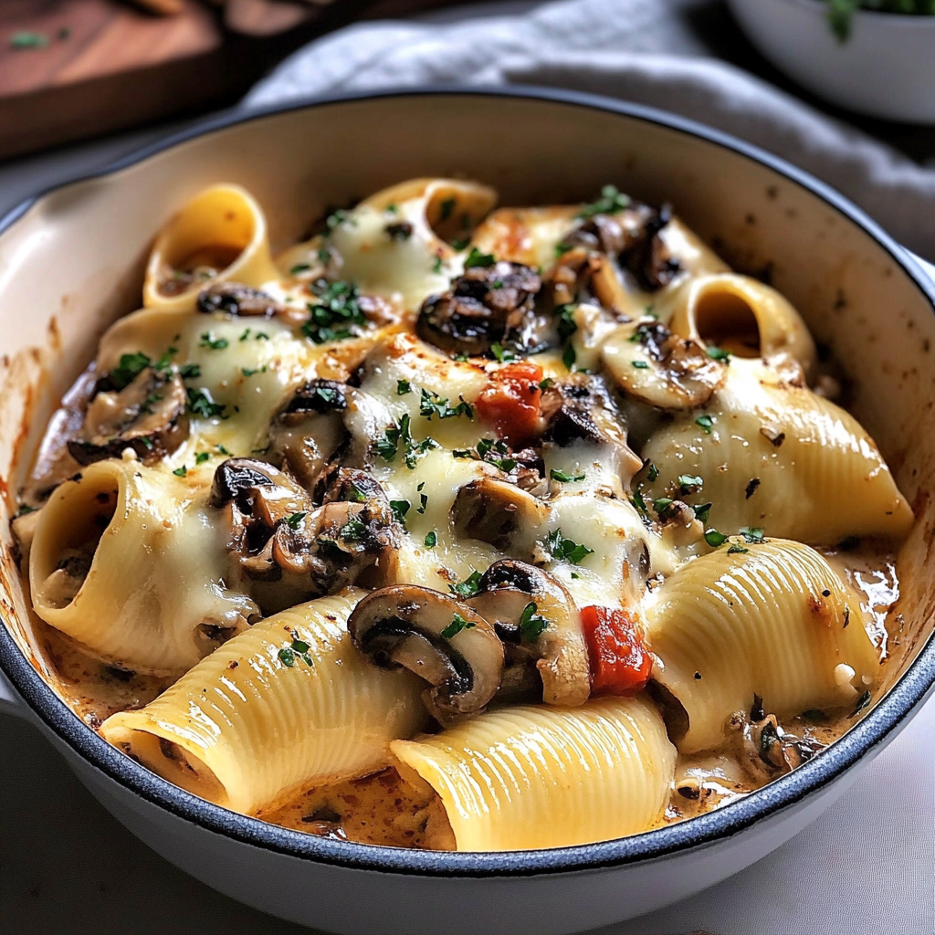 Recipe preparation for Creamy Garlic Mushroom Stuffed Shells