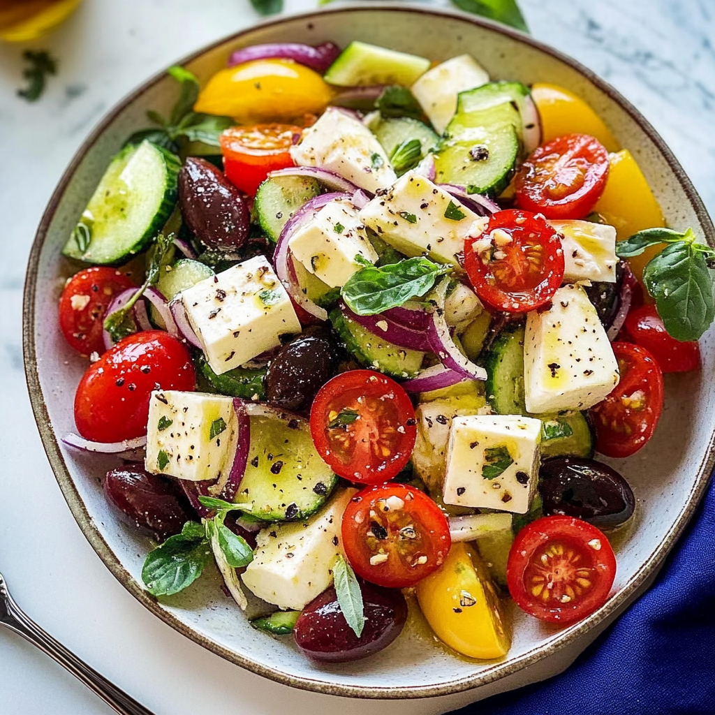 Recipe preparation for Hearty Almond Greek Salad