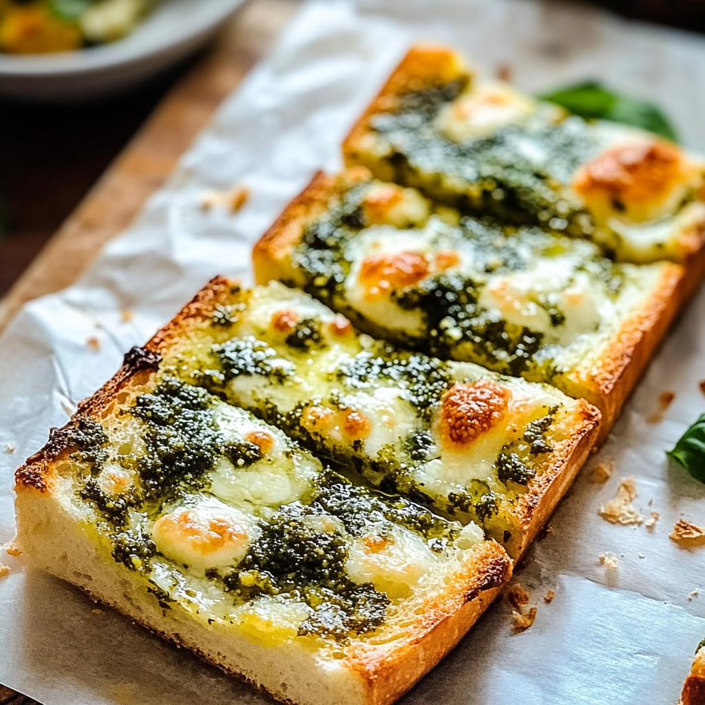 Recipe preparation for Irresistible Pesto Garlic Bread