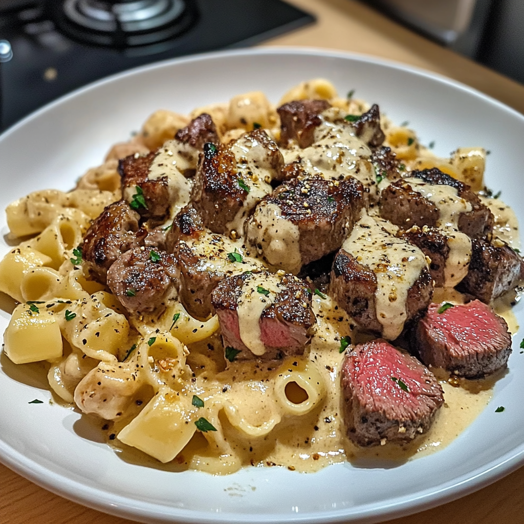 Recipe preparation for Creamy Buffalo Garlic Butter Steak Bites Pasta