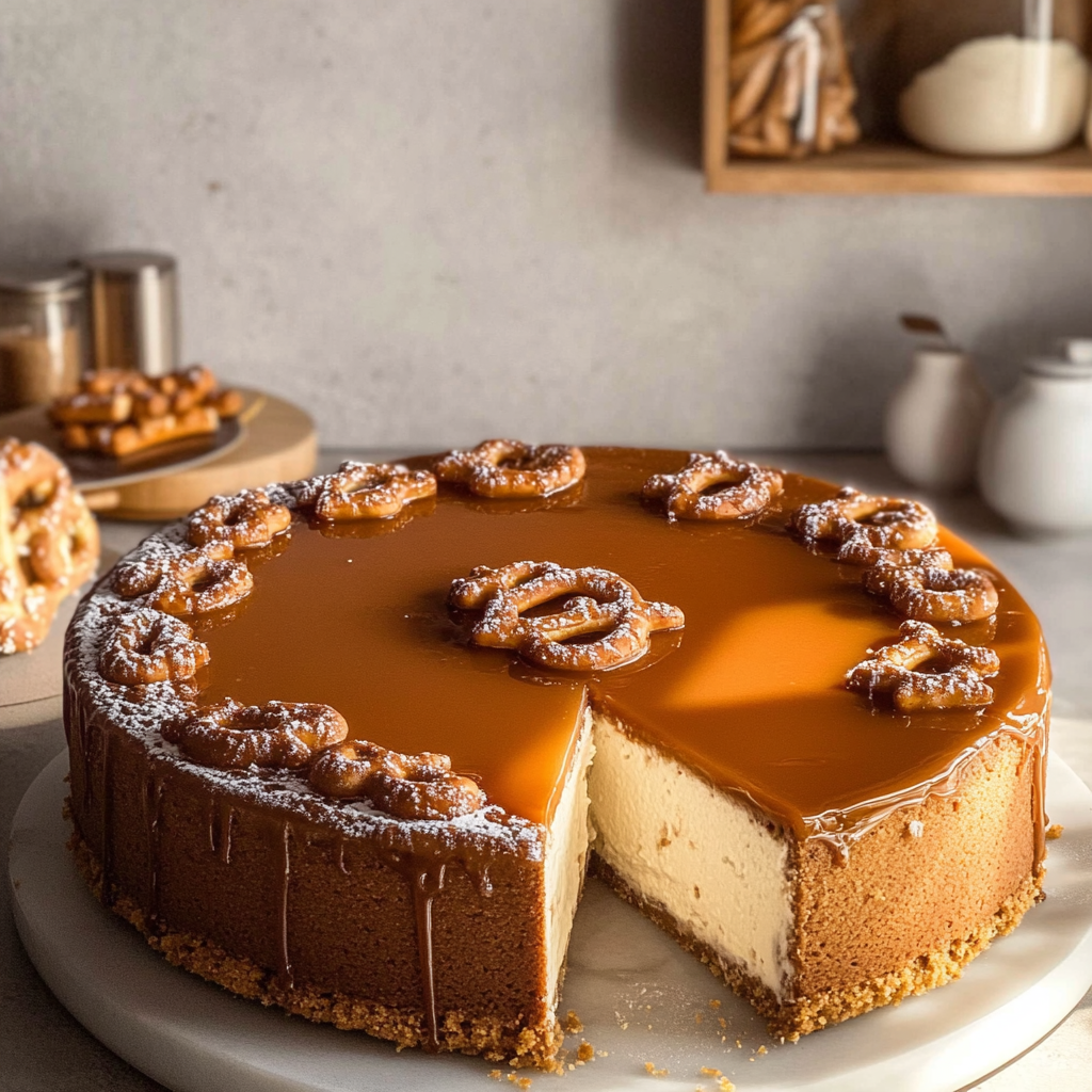 Recipe preparation for Salted Caramel Pretzel Cheesecake