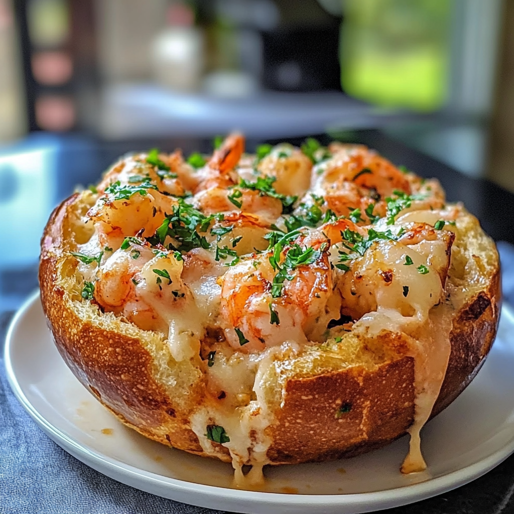 Recipe preparation for Stuffed Seafood Bread Bowl