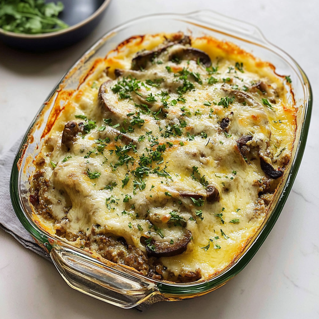 Recipe preparation for Keto Philly Cheesesteak Casserole