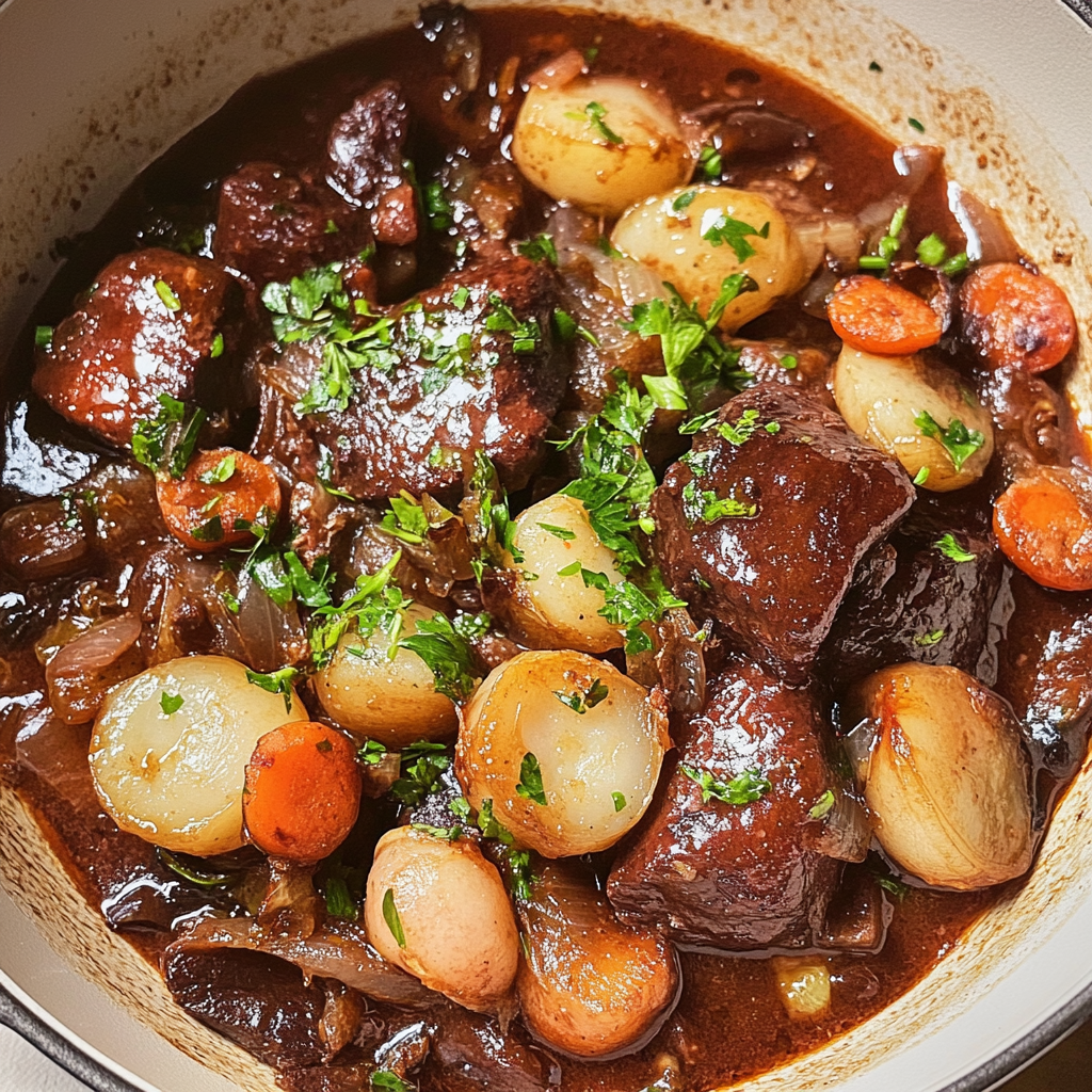 Recipe preparation for Tangy Shrimp Beef Bourguignon