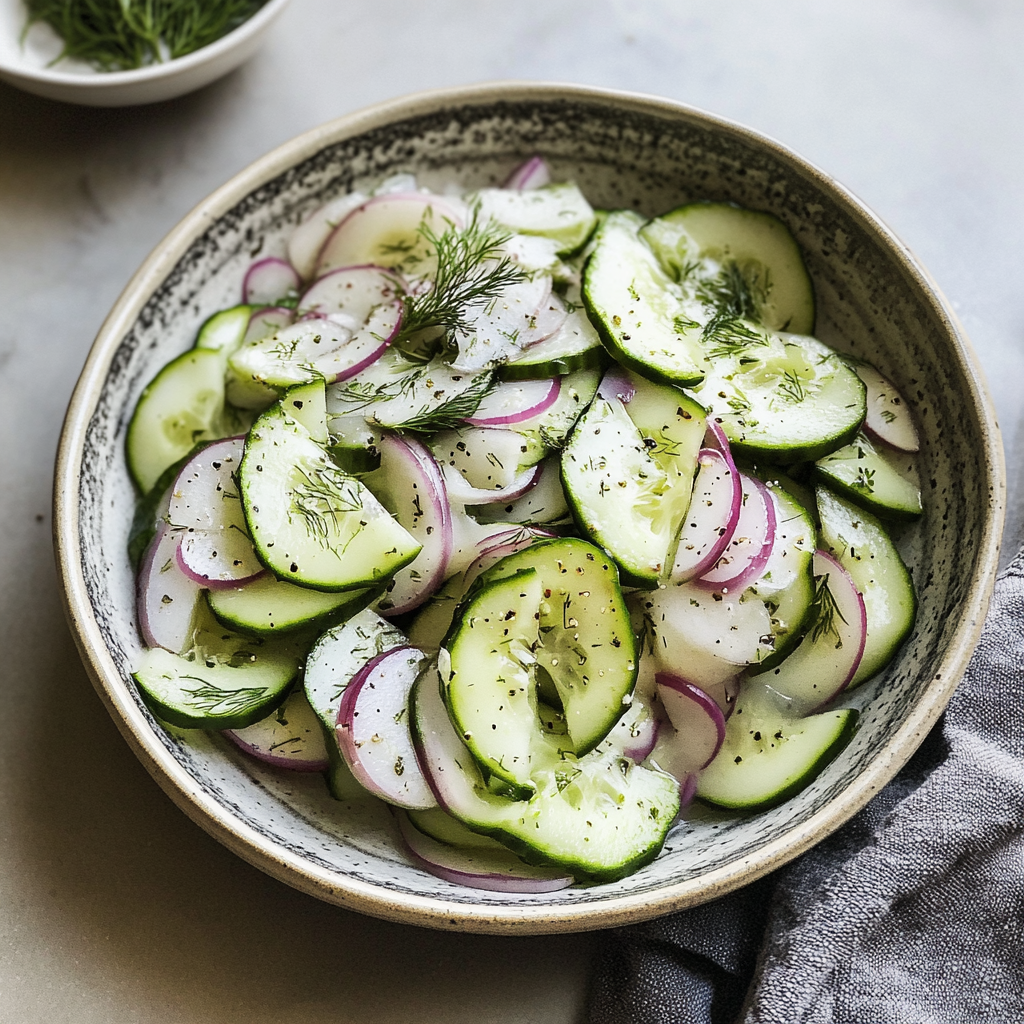 Recipe preparation for Classic Cucumber Salad with Dill and Vinegar