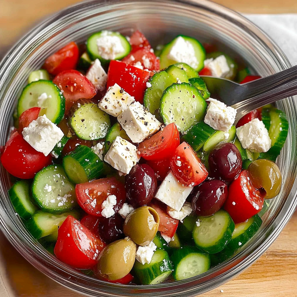 Recipe preparation for Mediterranean Cucumber Salad with Olives and Feta