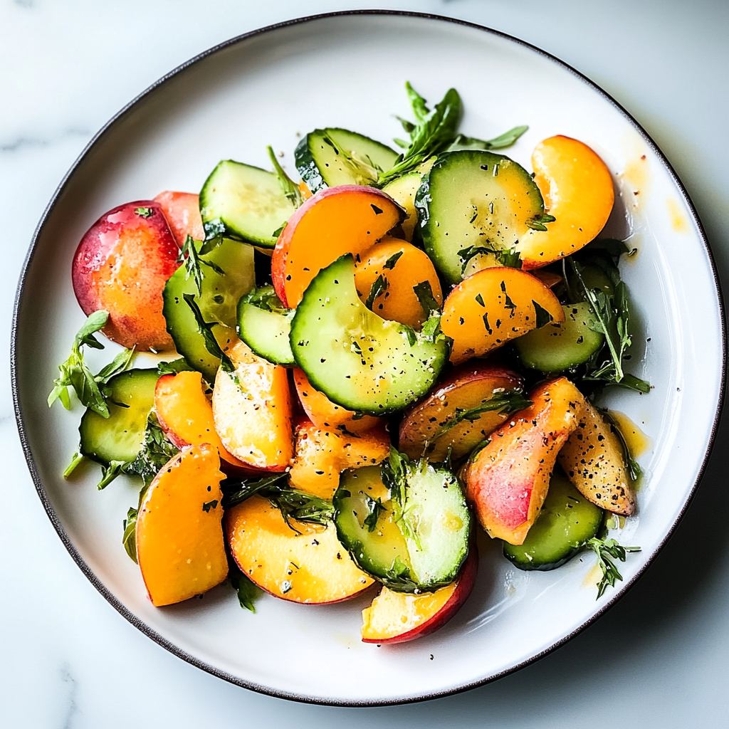 Recipe preparation for Peach Salad with Cucumber and Mint Dressing
