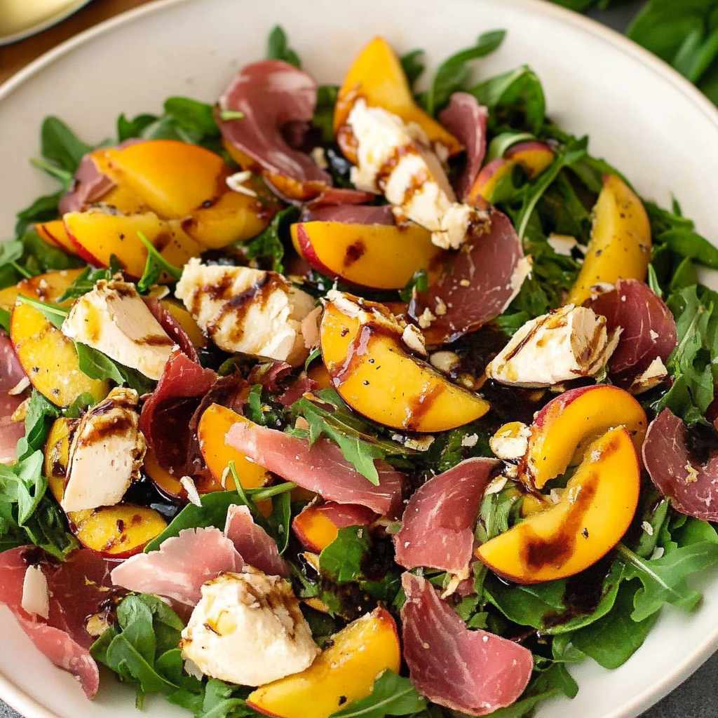 Recipe preparation for Peach Salad with Balsamic Glaze and Prosciutto