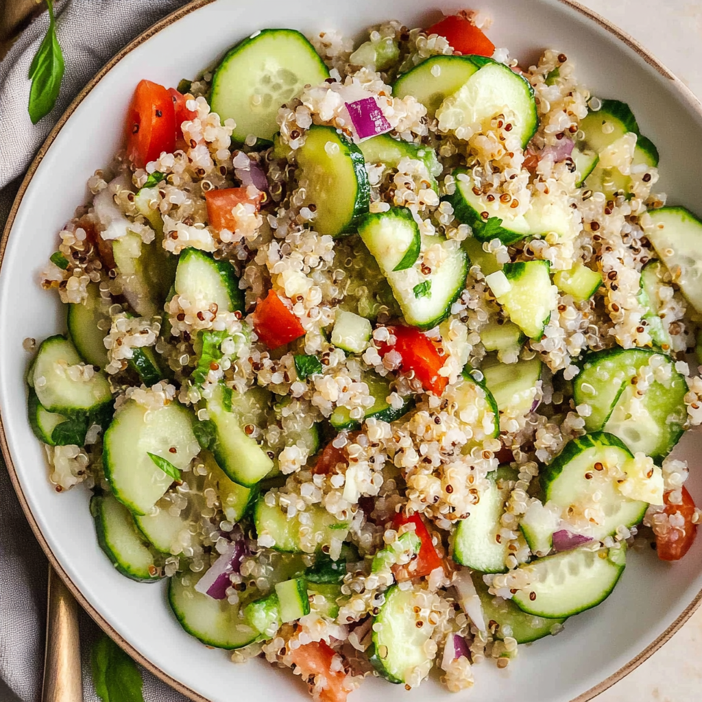 Recipe preparation for Cucumber Salad with Quinoa and Lemon Dressing