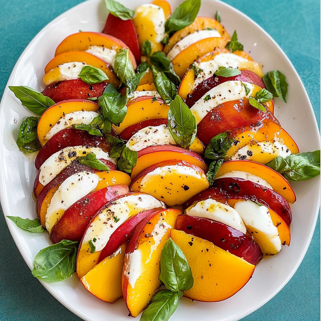 Recipe preparation for Juicy Peach and Mozzarella Delight Salad