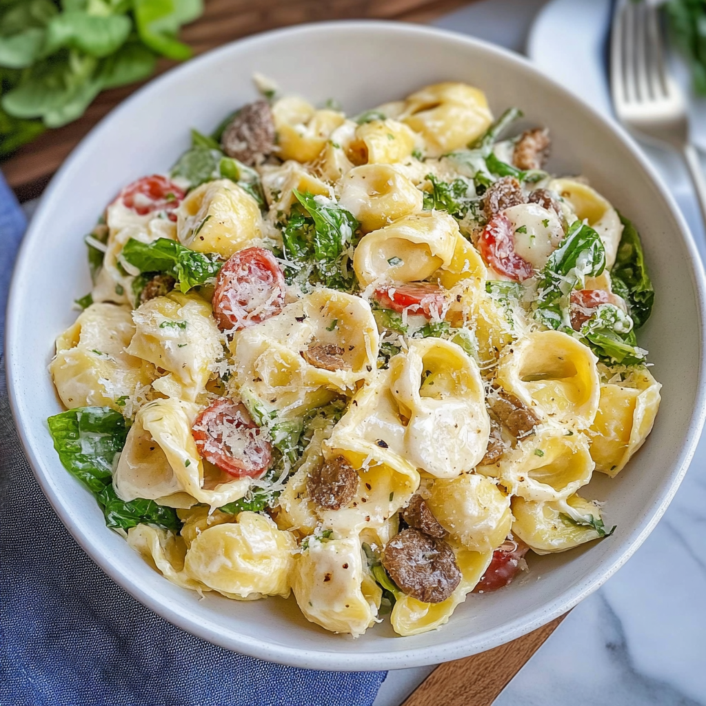 Recipe preparation for Cheese Tortellini Caesar Pasta Salad