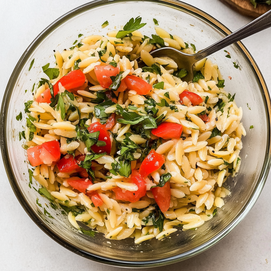 Recipe preparation for Lemony Orzo Pasta Salad