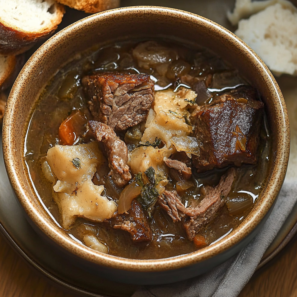 Recipe preparation for French Onion Beef Short Rib Soup