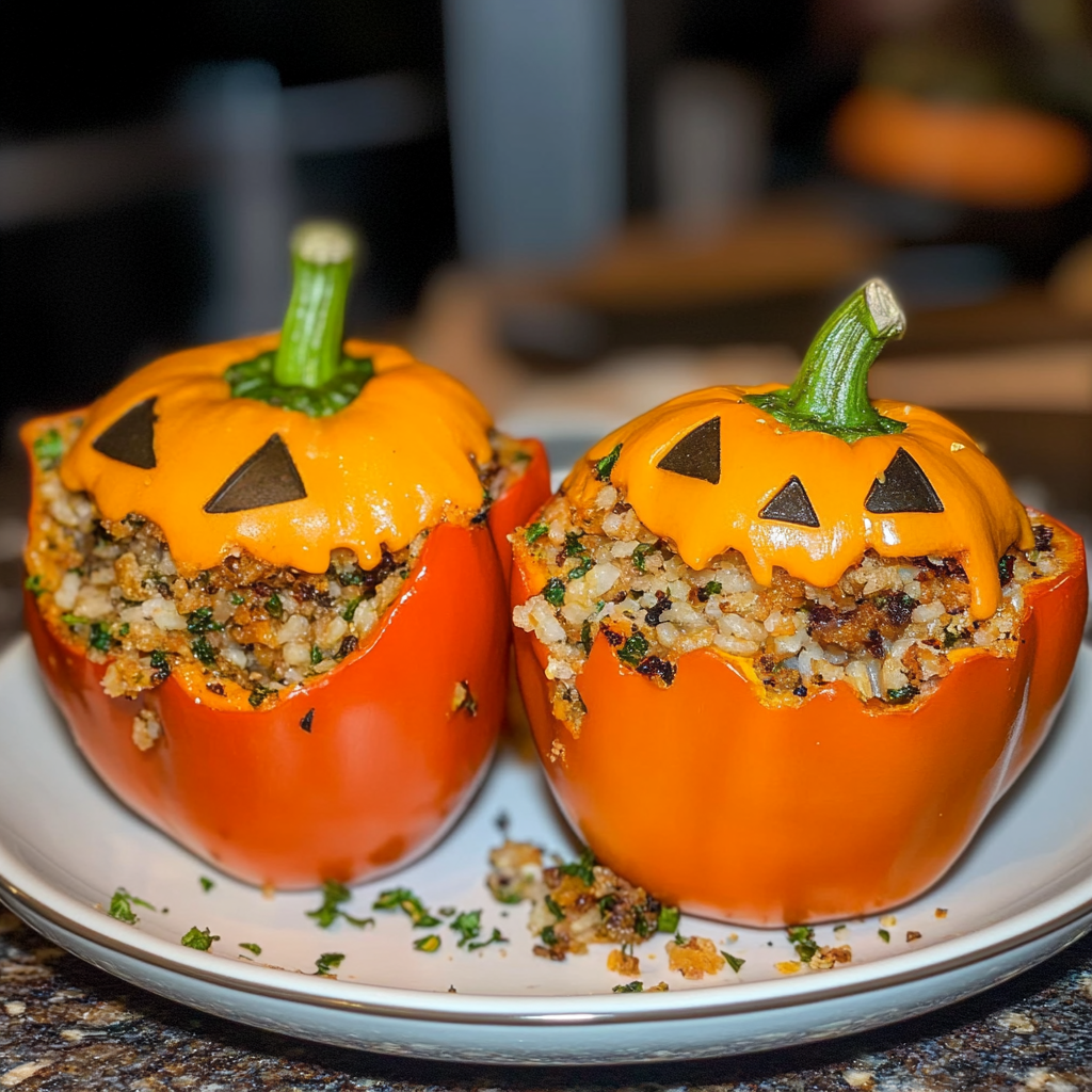 Recipe preparation for SHREDDED CHICKEN & RICE STUFFED PEPPERS (HALLOWEEN STYLE)