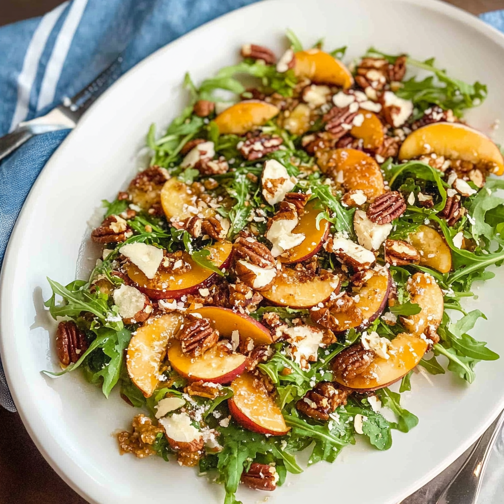 Recipe preparation for Arugula Salad with Peach and Pecan