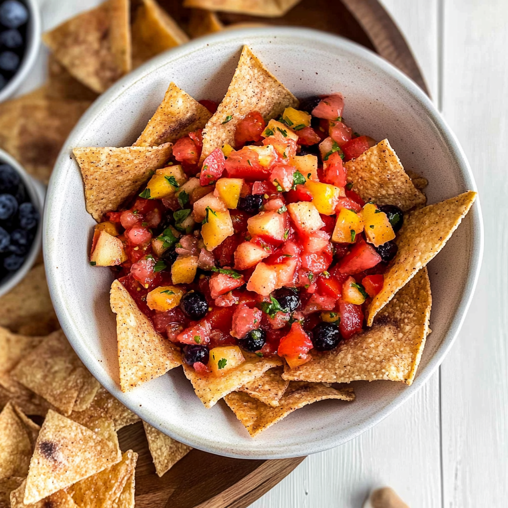 Recipe preparation for Fruit Salsa with Cinnamon Sugar Tortilla Chips