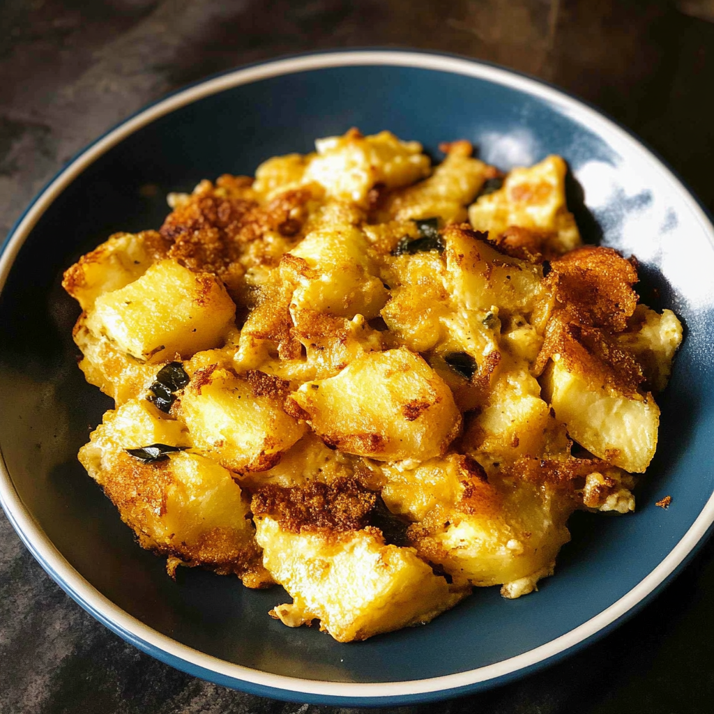 Recipe preparation for Cheesy Potato Egg Scramble