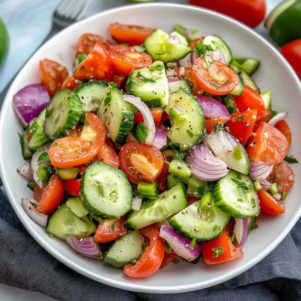 Recipe preparation for Refreshing Tomato Cucumber and Onion Salad