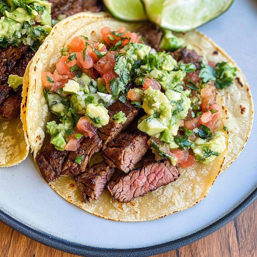 Recipe preparation for Grilled Steak Tacos with Avocado Salsa