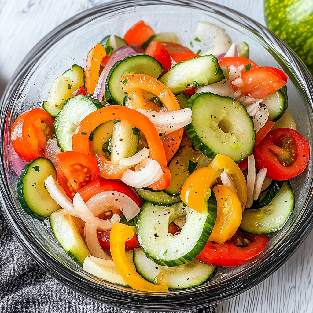 Recipe preparation for Marinated Cucumbers, Onions, and Tomatoes