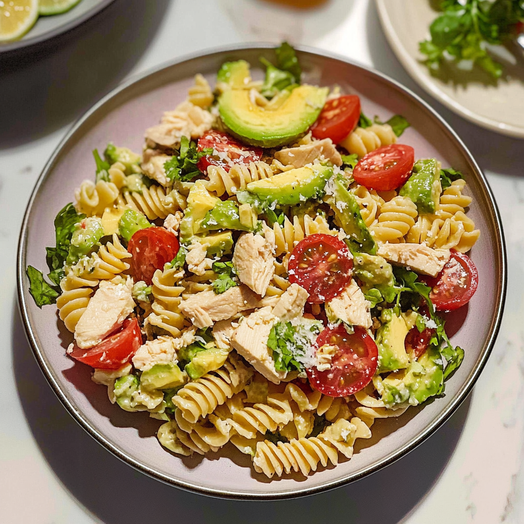 Recipe preparation for Healthy Chicken Pasta Salad with Avocado, Tomato