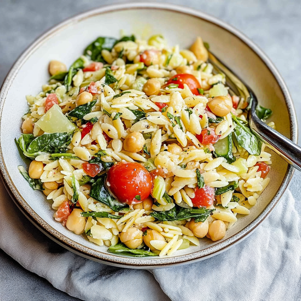 Recipe preparation for Lemon Orzo Salad with Baby Spinach and Chickpeas