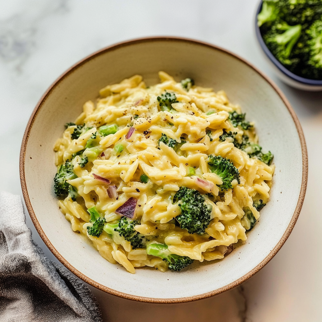 Recipe preparation for Creamy One-Pot Broccoli Cheddar Orzo