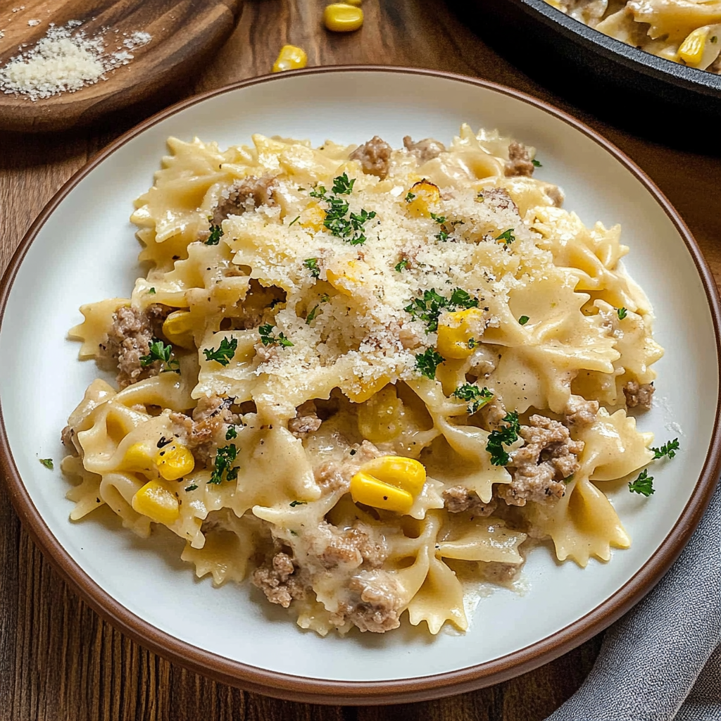 Recipe preparation for Creamy Ground Beef Bowtie Pasta with Mozzarella and Parmesan