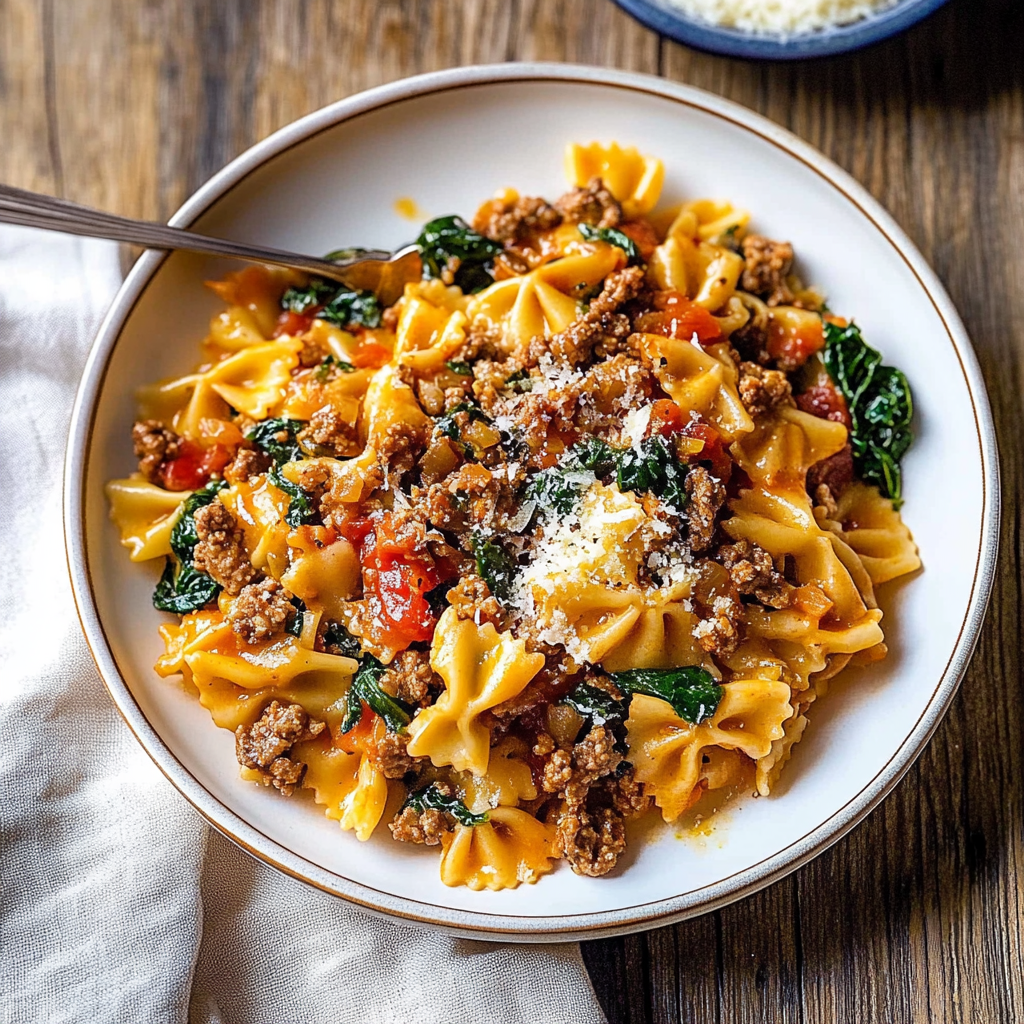 Recipe preparation for Weeknight Garlic Butter Rotini with Beef, Italian Sausage and Spinach