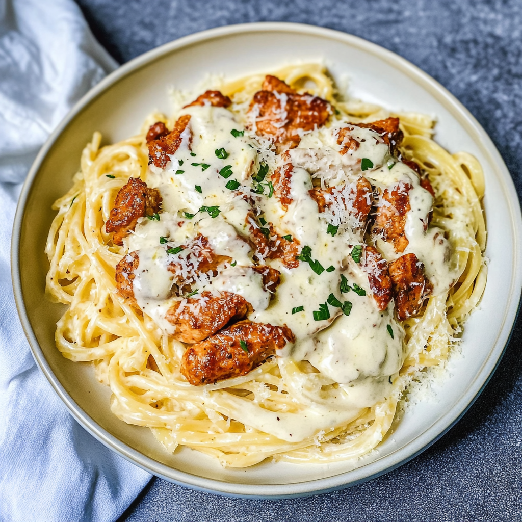 Recipe preparation for Creamy Cajun Chicken Twisted Pasta with Mozzarella Alfredo