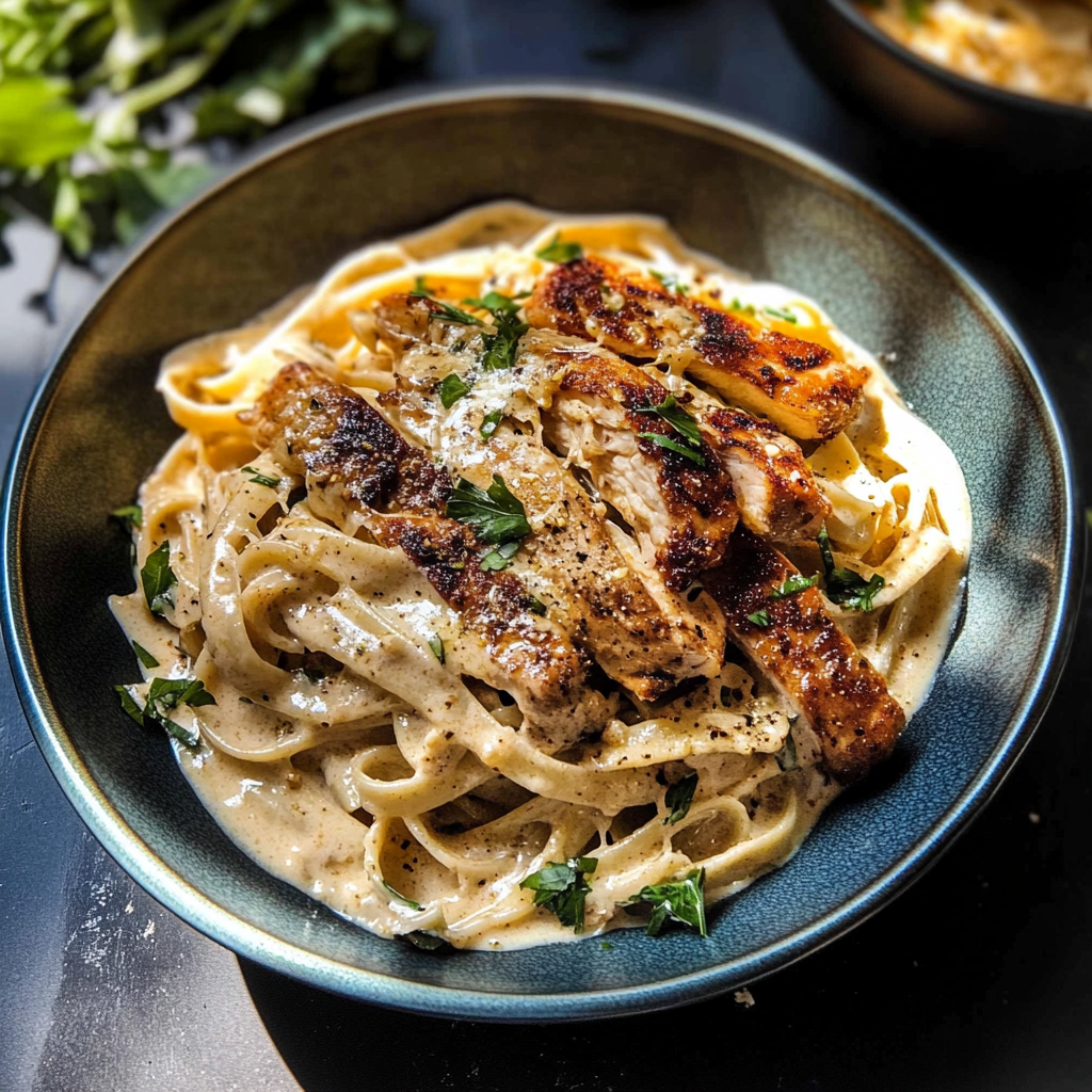 Recipe preparation for Creamy Cajun Chicken Fettuccine with Garlic Mozzarella Cheese Sauce