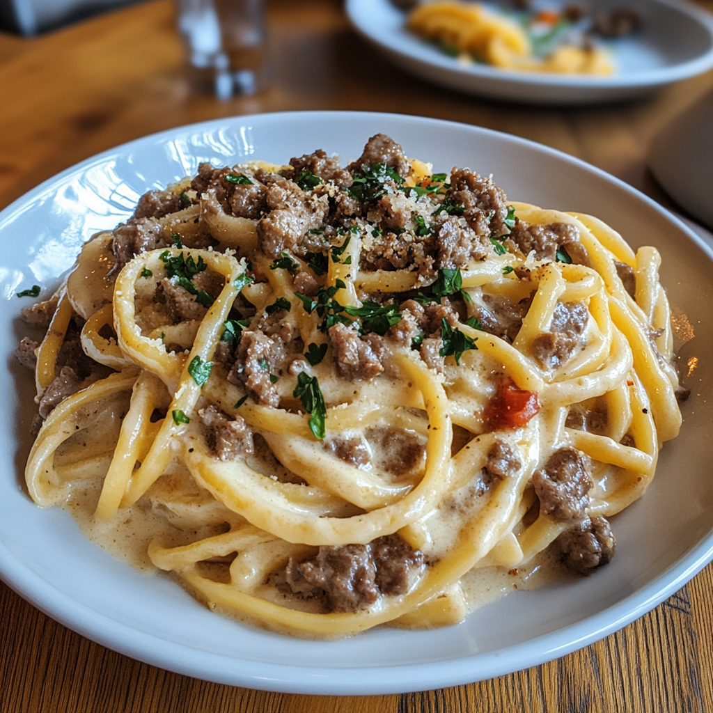 Recipe preparation for Savory Beef Linguine with Velvety Garlic Butter Sauce