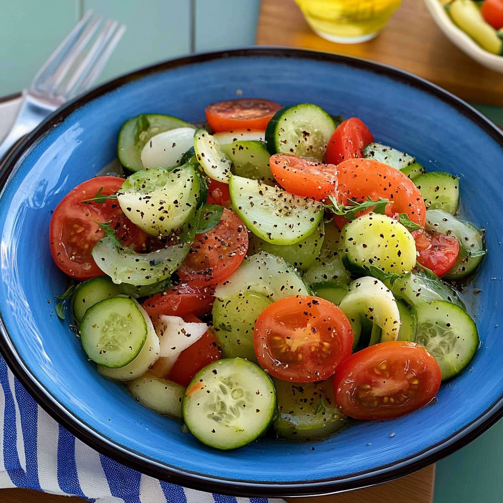Recipe preparation for Marinated Cucumbers, Onions, and Tomatoes