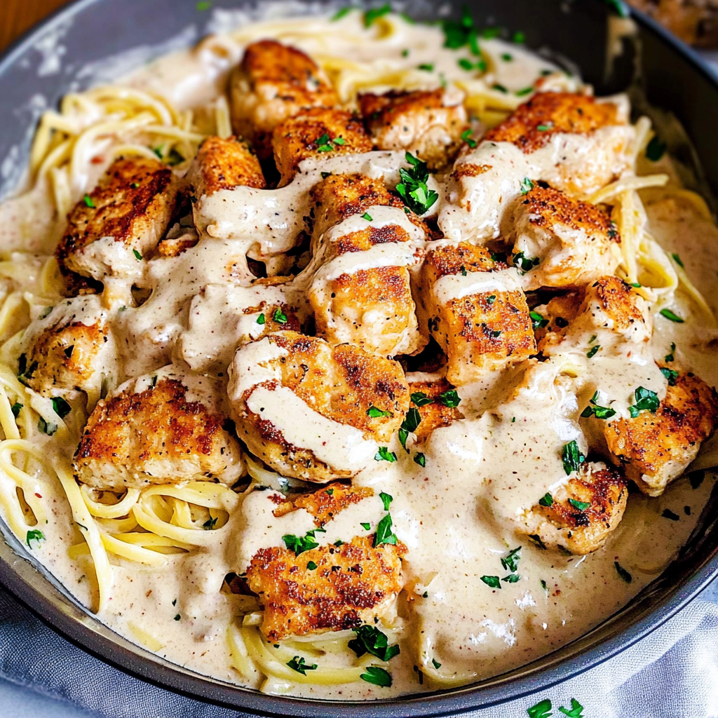Recipe preparation for Lemon Cajun Chicken Bites with Creamy Garlic Herb Alfredo Twists