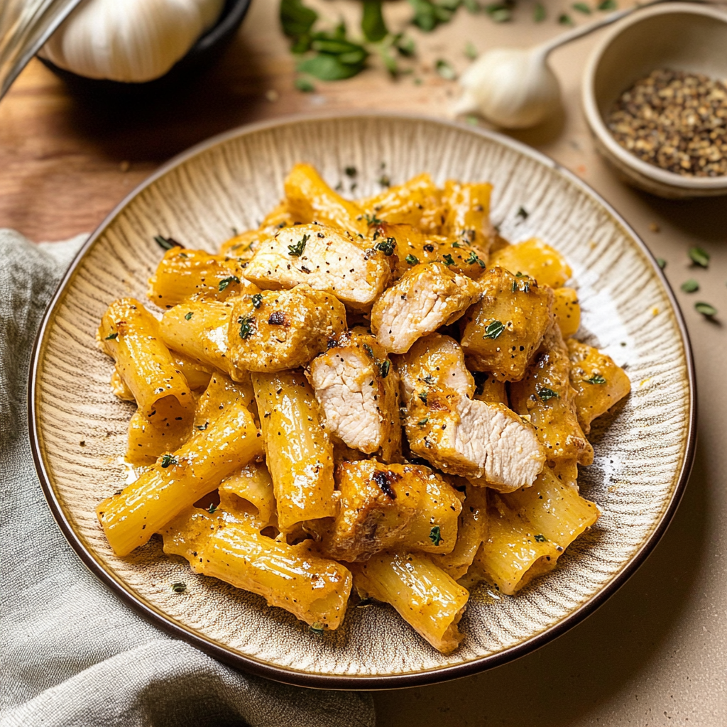 Recipe preparation for Creamy Garlic Butter Chicken Rigatoni Recipe