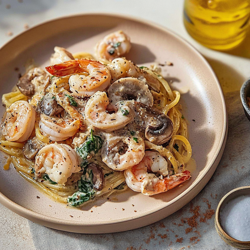 Recipe preparation for Creamy Spinach Mushroom Shrimp Shells