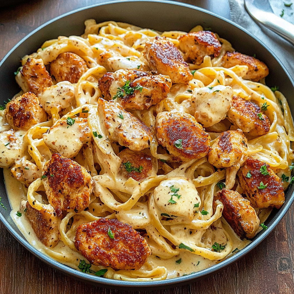 Recipe preparation for Cajun Chicken Bites with Creamy Garlic Herb Alfredo Twists
