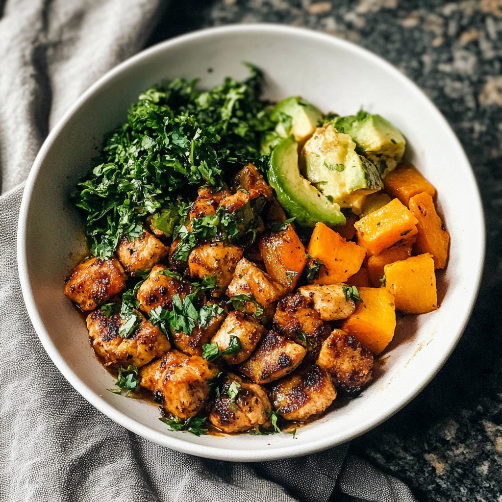 Recipe preparation for Loaded Grilled Chicken & Sweet Potato Power Bowl