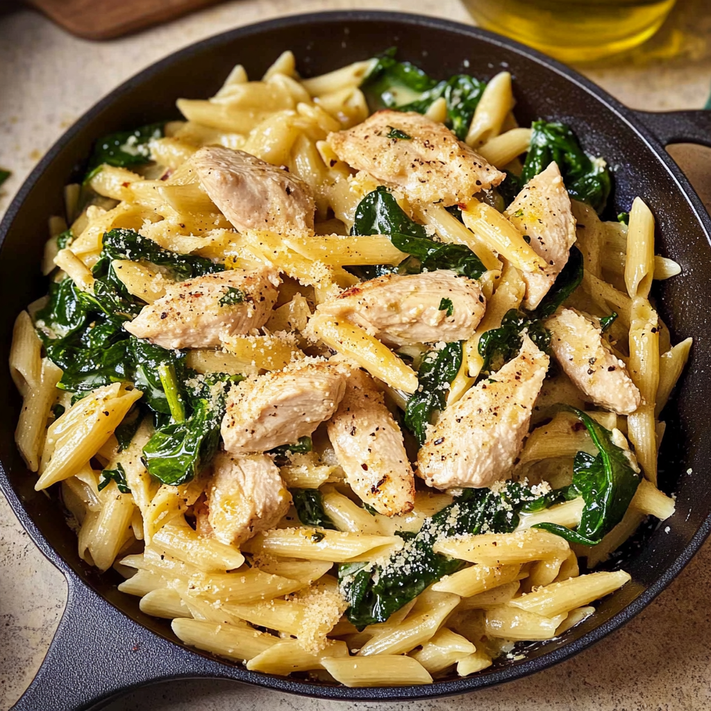 Recipe preparation for Chicken & Spinach Skillet Pasta with Lemon & Parmesan