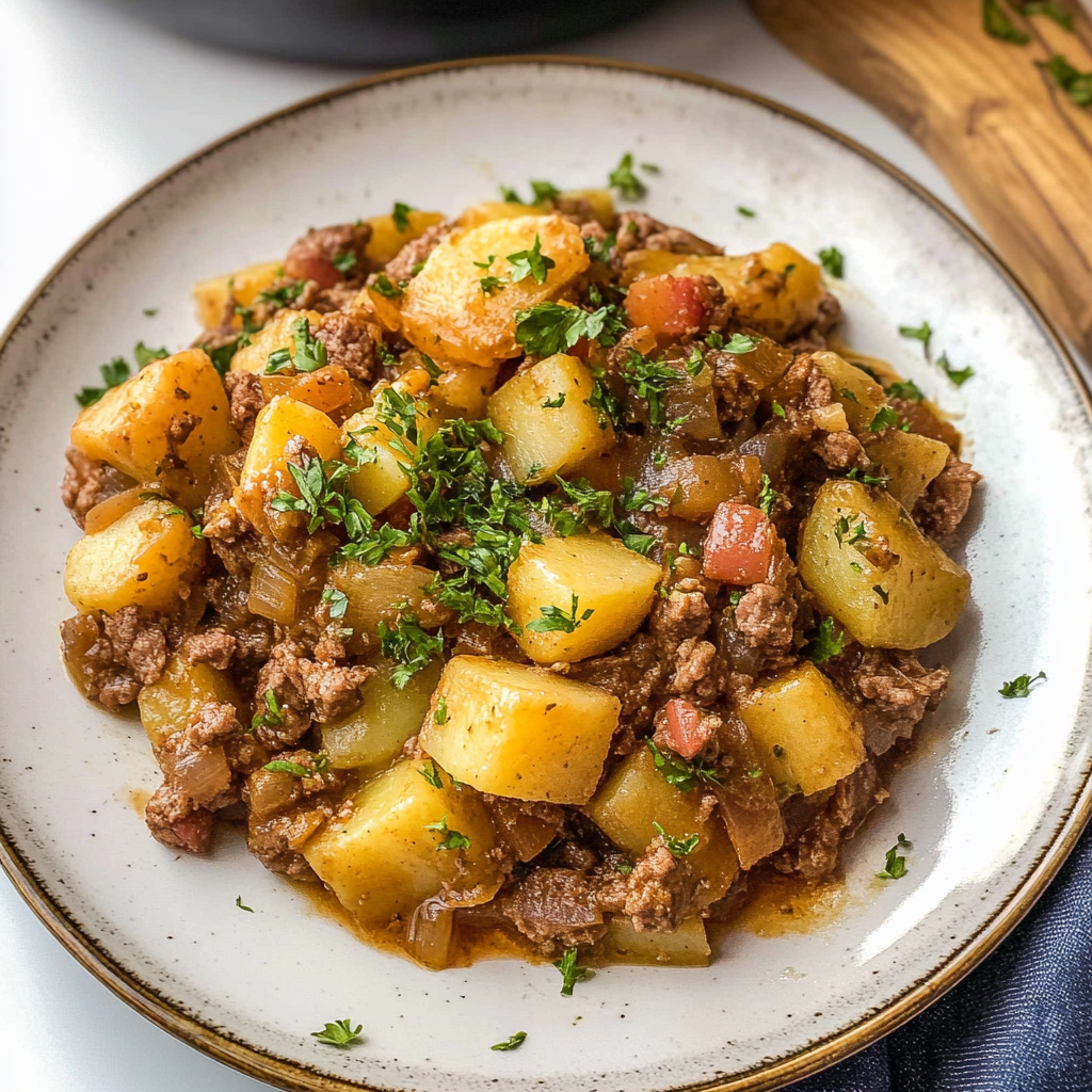 Recipe preparation for Cheesy One Pot Beef and Potatoes