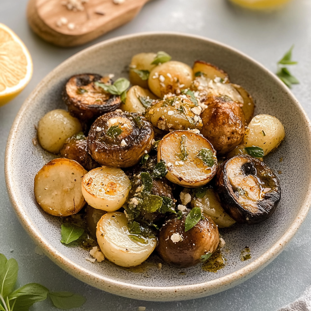 Recipe preparation for Pan Roasted Garlic Mushroom and Baby Potatoes