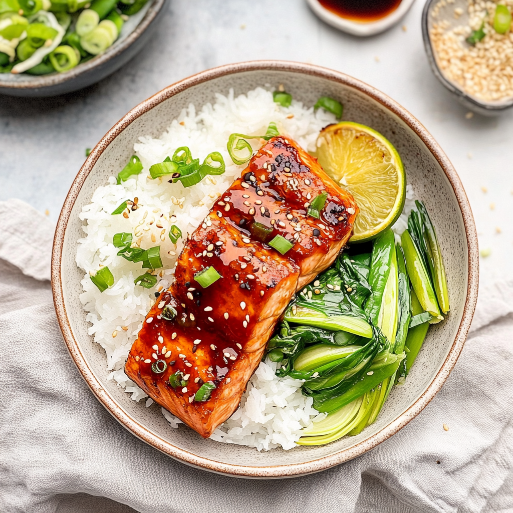 Recipe preparation for Spicy Sriracha Honey Salmon Bowl Recipe